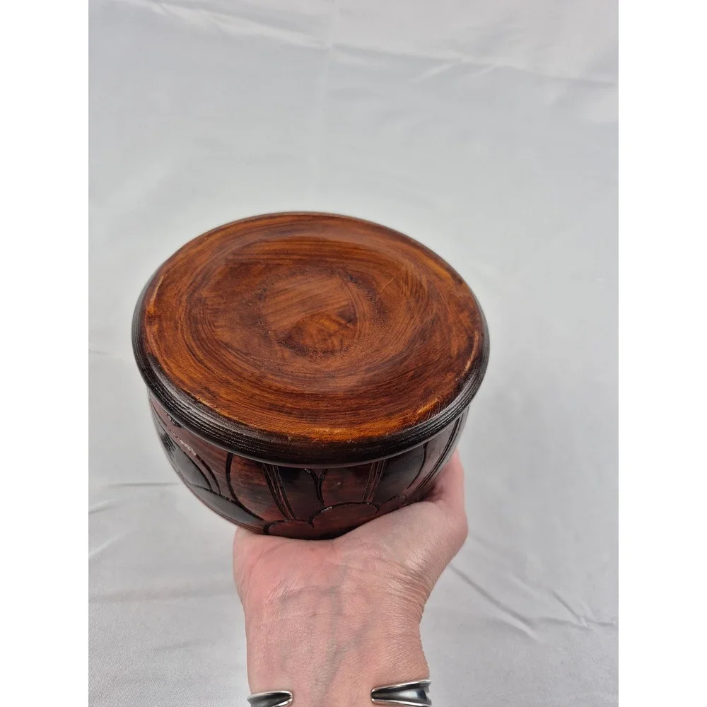Vintage Hand Carved Wood Bowl Floral Design Dark Stain Boho Decor‎ Rustic